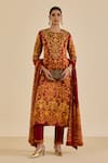 Buy Ritu Kumar Burgundy Silk, Viscose, Lycra Embroidery, Floral Print Straight Kurta Pant Set at Aza Fashions Buy_Ritu Kumar_Burgundy Silk, Viscose, Lycra Embroidery, Floral Print Straight Kurta Pant Set _at_Aza_Fashions