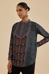 Buy_Ritu Kumar_Black Silk Mandarin Collar Paisley Print Shirt _at_Aza_Fashions