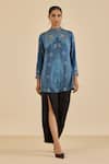 Ritu Kumar_Blue Satin, Silk Embroidery Mandarin Collar Floral Print And Shirt Kurti _Online_at_Aza_Fashions