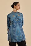 Shop_Ritu Kumar_Blue Satin, Silk Embroidery Mandarin Collar Floral Print And Shirt Kurti _Online_at_Aza_Fashions