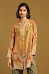 Buy_Ritu Kumar_Orange Silk Embroidery Mandarin Collar, Printed Front Open Short Kurti _at_Aza_Fashions
