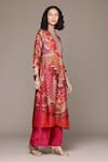 Ritu Kumar_Fuchsia Silk Embroidery, Sequins V-neck Floral Kurta Palazzo Set _Online_at_Aza_Fashions