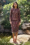 Safaa_Wine Wool Embroidery Round Neck La Prune Rouge Woven Jacket And Skirt Set _at_Aza_Fashions