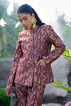 Safaa_Burgundy Silk Embroidery Round La Fleur Eclore Paisley Woven Jacket And Pant Set _at_Aza_Fashions