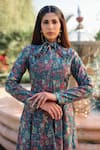 Safaa Turquoise Silk Embroidery V-neck La Folie Bleue Floral Woven Dress at Aza Fashions Safaa_Turquoise Silk Embroidery V-neck La Folie Bleue Floral Woven Dress _at_Aza_Fashions