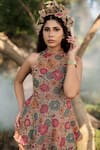 Safaa_Beige Wool Embroidery High Neck Le Tournesol Floral Woven Peplum Top With Skirt _at_Aza_Fashions