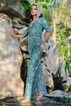 Safaa_Turquoise Silk Embroidery V-neck Le Ciel Floral Woven Jumpsuit _Online_at_Aza_Fashions