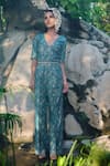 Buy_Safaa_Turquoise Silk Embroidery V-neck Le Ciel Floral Woven Jumpsuit _at_Aza_Fashions