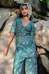 Buy_Safaa_Turquoise Silk Embroidery V-neck Le Ciel Floral Woven Jumpsuit _Online_at_Aza_Fashions