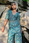 Shop_Safaa_Turquoise Silk Embroidery V-neck Le Ciel Floral Woven Jumpsuit _Online_at_Aza_Fashions