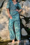 Safaa_Turquoise Silk Embroidery V-neck Le Ciel Floral Woven Jumpsuit _at_Aza_Fashions