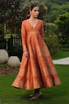 Buy_Safaa_Orange Silk Embroidery V-neck Moonga Woven Weaving Flared Dress _at_Aza_Fashions
