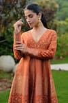 Buy_Safaa_Orange Silk Embroidery V-neck Moonga Woven Weaving Flared Dress _Online_at_Aza_Fashions
