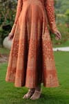 Safaa_Orange Silk Embroidery V-neck Moonga Woven Weaving Flared Dress _at_Aza_Fashions