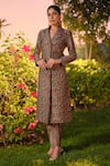 Buy Safaa Green Silk Embroidery V-neck, Collared Le Jardin Damour Woven Jacket And Pant Set at Aza Fashions Buy_Safaa_Green Silk Embroidery V-neck, Collared Le Jardin Damour Woven Jacket And Pant Set _at_Aza_Fashions
