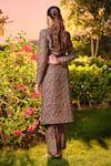 Shop Safaa Green Silk Embroidery V-neck, Collared Le Jardin Damour Woven Jacket And Pant Set at Aza Fashions Shop_Safaa_Green Silk Embroidery V-neck, Collared Le Jardin Damour Woven Jacket And Pant Set _at_Aza_Fashions