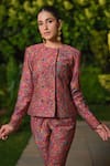 Shop_Safaa_Burgundy Silk Embroidery Round Neck La Petite Fleur Woven Jacket And Pant Set _Online_at_Aza_Fashions