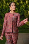 Safaa_Burgundy Silk Embroidery Round Neck La Petite Fleur Woven Jacket And Pant Set _at_Aza_Fashions
