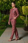 Buy_Safaa_Burgundy Silk Embroidery Round Neck La Petite Fleur Woven Jacket And Pant Set 