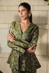 Buy_Safaa_Green Silk Embroidery V-neck Floral Woven Peplum Jacket And Pant Set _Online_at_Aza_Fashions