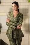 Shop_Safaa_Green Silk Embroidery V-neck Floral Woven Peplum Jacket And Pant Set _Online_at_Aza_Fashions