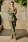 Buy_Safaa_Green Silk Embroidery V-neck Floral Woven Peplum Jacket And Pant Set _at_Aza_Fashions