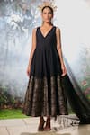 Shop_Safaa_Black Silk Embroidery V-neck Leclat Noir Moonga Woven Dress _at_Aza_Fashions