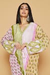 SAKSHI GIRRI_Green Crepe Sequins, Stones, Beads V-neck Printed Drawstring Kaftan And Pant Set_at_Aza_Fashions