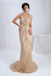 Buy_Shourya Gatha_Brown Tulle, Net Beads, Crystals, Sequins, Stones Halter Neck Dune Gown _at_Aza_Fashions