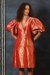 Swatee Singh_Red Brocade V-neck Blazer Dress _Online_at_Aza_Fashions