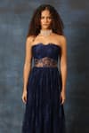 Swatee Singh_Navy Georgette Lace Bandeau Neck Chantilly And Gown _Online_at_Aza_Fashions