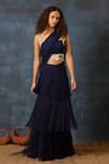 Buy_Swatee Singh_Navy Georgette Fringe, Beads Square Pre-stitched Saree With Embellished Blouse _at_Aza_Fashions