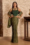 Buy_Akashi Clothing_Green Modal, Satin Embroidery, Zari Ajrakh Printed Saree With Corset Blouse _at_Aza_Fashions