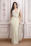 Buy_Mandira Wirk Resort_Ivory Jersey Sequins, Beads, Embellished Corset Blouse And Pre-draped Saree Set _at_Aza_Fashions