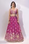 Buy_Samyukta Singhania_Burgundy Georgette Embroidery, Sequins, Stones, Zari V-neck Lehenga Set 