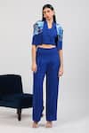 Buy_Zosia_Blue Lycra Applique V-, Bandeau Aquarelle Print Jacket Pant Set _at_Aza_Fashions