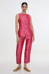 Buy_Ekaya Banaras_Fuchsia Satin, Silk Round Neck Floral Handwoven Waistcoat And Pant Co-ord Set _at_Aza_Fashions