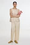 Buy Ekaya Banaras Ivory Satin Round Neck Handwoven Waistcoat And Pant Set at Aza Fashions Buy_Ekaya Banaras_Ivory Satin Round Neck Handwoven Waistcoat And Pant Set _at_Aza_Fashions