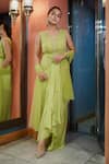 Buy_Dajwaree_Lime Net, Crepe Embroidery, Beads V-neck Vivid Top And Dhoti Skirt Set _at_Aza_Fashions
