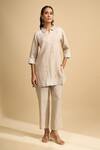 Buy_Naintara Bajaj_Beige Linen Embroidery Collared, Open Neck Kurta And Pant Set _at_Aza_Fashions