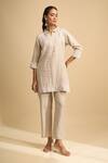 Buy_Naintara Bajaj_Beige Linen Embroidery Collared, Open Neck Kurta And Pant Set _Online_at_Aza_Fashions
