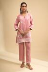 Buy_Naintara Bajaj_Pink Linen Embroidery Round , Keyhole Kurta And Pant Set _at_Aza_Fashions