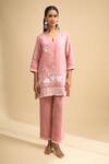 Naintara Bajaj_Pink Linen Embroidery Round , Keyhole Kurta And Pant Set _Online_at_Aza_Fashions