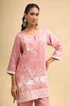 Naintara Bajaj_Pink Linen Embroidery Round , Keyhole Kurta And Pant Set _at_Aza_Fashions