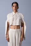 Buy_Quod_Off White Linen, Cotton Collared Cropped Tie-up Sleeves Shirt _at_Aza_Fashions