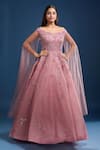 Buy_Samyukta Singhania_Pink Net Sequins, Stones, Embroidery Sweetheart Off Gown With Cape Sleeves _at_Aza_Fashions