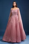 Samyukta Singhania_Pink Net Sequins, Stones, Embroidery Sweetheart Off Gown With Cape Sleeves _at_Aza_Fashions