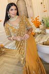 Shop_Reeti Arneja_Yellow Velvet Beads, Cut Work Pre-draped Fish Saree With Embroidered Blouse _Online