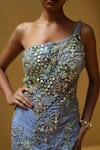 Moledro_Blue Net, Chiffon Sequins, Beads, Mirrors One Mirae Embroidered Draped Gown _Online_at_Aza_Fashions