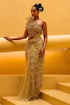 Moledro_Yellow Chiffon, Net Embroidery, Sequins, Beads, Ember Blouse And Draped Skirt _Online_at_Aza_Fashions